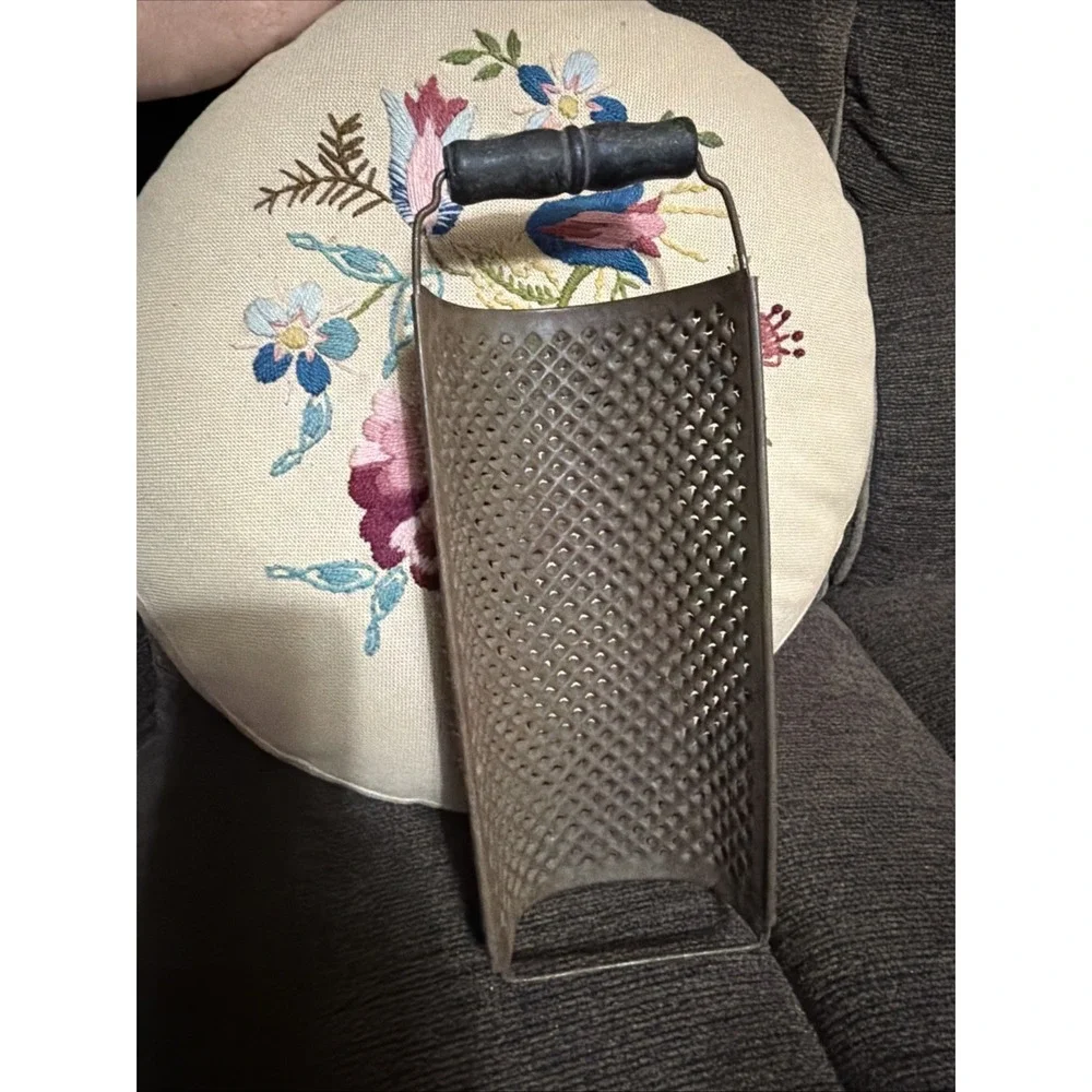 Primitive Punched Tin Kitchen Grater Half Round Wood Handle Farmhouse 1900's